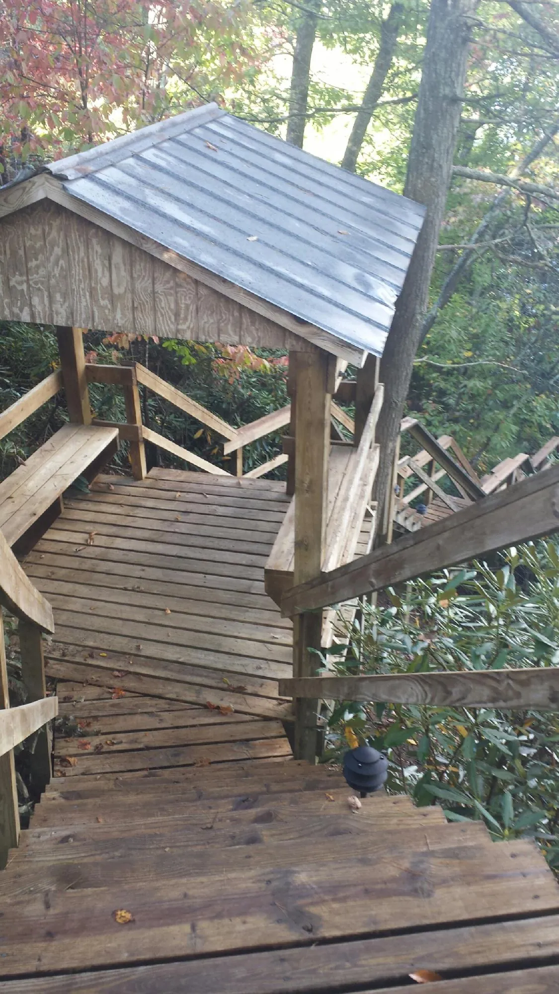 Metal roofed shelter over wooden steps on a wooded walkway — Skylight Repair & Installation work by our crew in Landrum
